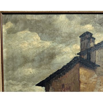 ANTICO QUADRO DIPINTO OLIO TAVOLA L. Roncaglia 1944 PAESAGGIO AGRESTE Temporale