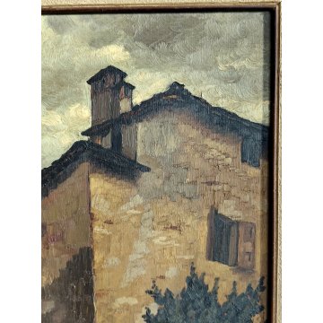 ANTICO QUADRO DIPINTO OLIO TAVOLA L. Roncaglia 1944 PAESAGGIO AGRESTE Temporale