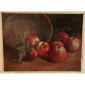 QUADRO DIPINTO OLIO TAVOLA Dario Piazza NATURA MORTA cestino MELE epoca '900