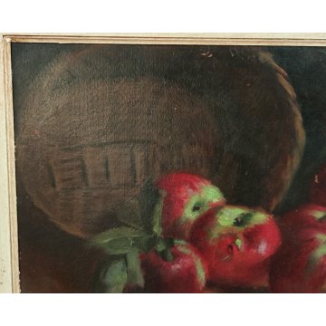 QUADRO DIPINTO OLIO TAVOLA Dario Piazza NATURA MORTA cestino MELE epoca '900