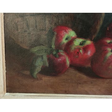 QUADRO DIPINTO OLIO TAVOLA Dario Piazza NATURA MORTA cestino MELE epoca '900