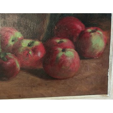 QUADRO DIPINTO OLIO TAVOLA Dario Piazza NATURA MORTA cestino MELE epoca '900