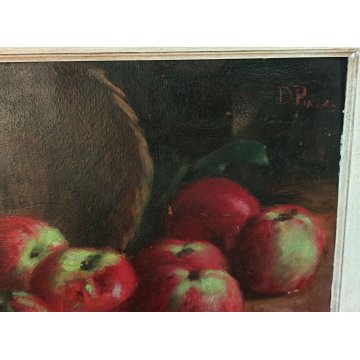 QUADRO DIPINTO OLIO TAVOLA Dario Piazza NATURA MORTA cestino MELE epoca '900