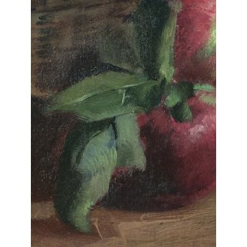 QUADRO DIPINTO OLIO TAVOLA Dario Piazza NATURA MORTA cestino MELE epoca '900