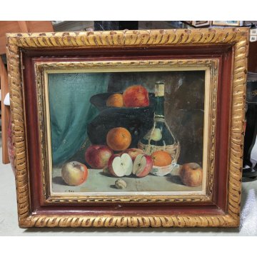 ANTICO QUADRO DIPINTO OLIO TAVOLA C. Ros NATURA MORTA fiasco VINO MELE epoca 900