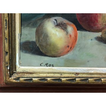 ANTICO QUADRO DIPINTO OLIO TAVOLA C. Ros NATURA MORTA fiasco VINO MELE epoca 900