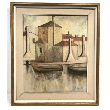ANTICO QUADRO CASE BENIAMINO BURATO OLIO TELA BARCHE LAGUNA CHIOGGIA MARE 1900 