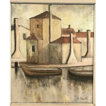 ANTICO QUADRO CASE BENIAMINO BURATO OLIO TELA BARCHE LAGUNA CHIOGGIA MARE 1900 