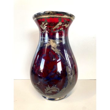 ANTICO VASO VETRO SOFFIATO Murano ROSSO RUBINO DECORO ARGENTO ø 14,5 cm Art Decò