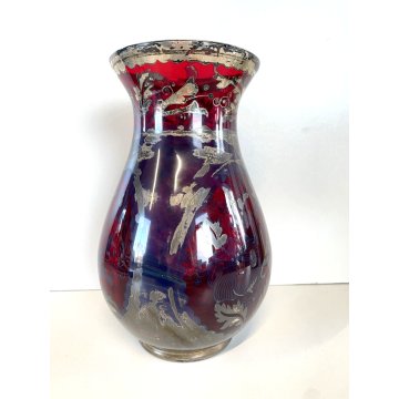 ANTICO VASO VETRO SOFFIATO Murano ROSSO RUBINO DECORO ARGENTO ø 14,5 cm Art Decò