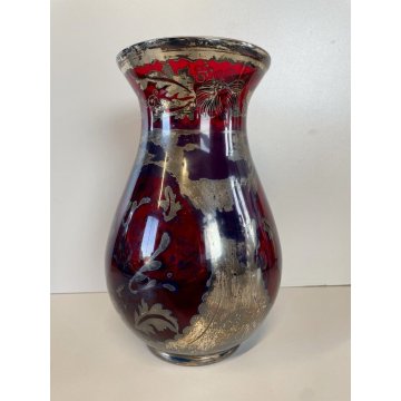 ANTICO VASO VETRO SOFFIATO Murano ROSSO RUBINO DECORO ARGENTO ø 14,5 cm Art Decò