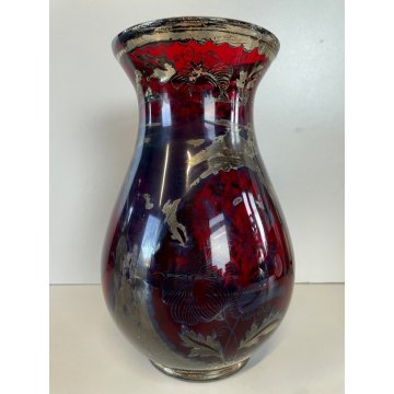 ANTICO VASO VETRO SOFFIATO Murano ROSSO RUBINO DECORO ARGENTO ø 14,5 cm Art Decò