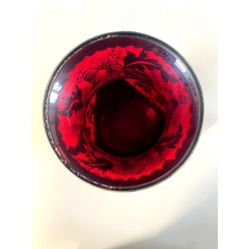 ANTICO VASO VETRO SOFFIATO Murano ROSSO RUBINO DECORO ARGENTO ø 14,5 cm Art Decò