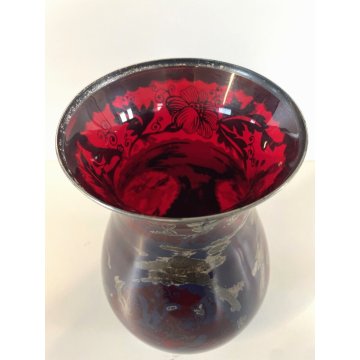 ANTICO VASO VETRO SOFFIATO Murano ROSSO RUBINO DECORO ARGENTO ø 14,5 cm Art Decò