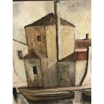 ANTICO QUADRO CASE BENIAMINO BURATO OLIO TELA BARCHE LAGUNA CHIOGGIA MARE 1900 