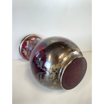 ANTICO VASO VETRO SOFFIATO Murano ROSSO RUBINO DECORO ARGENTO ø 14,5 cm Art Decò