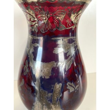 ANTICO VASO VETRO SOFFIATO Murano ROSSO RUBINO DECORO ARGENTO ø 14,5 cm Art Decò