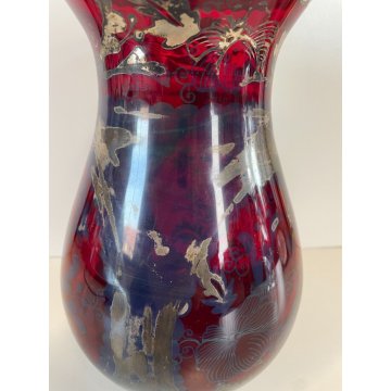 ANTICO VASO VETRO SOFFIATO Murano ROSSO RUBINO DECORO ARGENTO ø 14,5 cm Art Decò