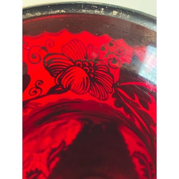 ANTICO VASO VETRO SOFFIATO Murano ROSSO RUBINO DECORO ARGENTO ø 14,5 cm Art Decò