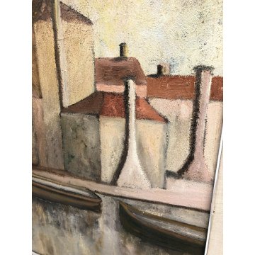 ANTICO QUADRO CASE BENIAMINO BURATO OLIO TELA BARCHE LAGUNA CHIOGGIA MARE 1900 