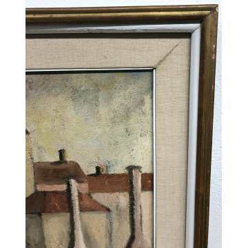 ANTICO QUADRO CASE BENIAMINO BURATO OLIO TELA BARCHE LAGUNA CHIOGGIA MARE 1900 