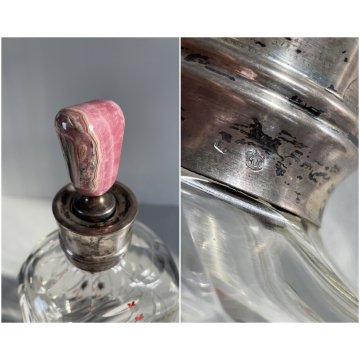 ANTICA BOTTIGLIA DECANTER CRISTALLO MOLATO TAPPO PIETRA COLLARE ARGENTO 800