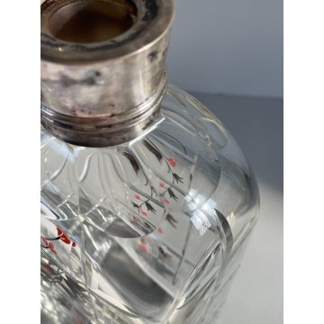 ANTICA BOTTIGLIA DECANTER CRISTALLO MOLATO TAPPO PIETRA COLLARE ARGENTO 800