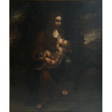 ANTICO DIPINTO OLIO TELA Madonna del latte GESU BAMBINO Maternità RELIGIOSO '600