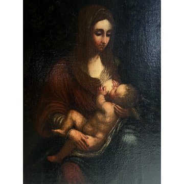 ANTICO DIPINTO OLIO TELA Madonna del latte GESU BAMBINO Maternità RELIGIOSO '600