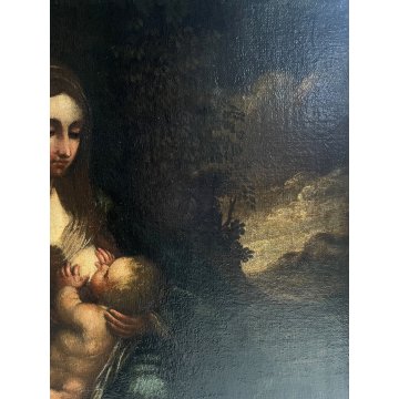 ANTICO DIPINTO OLIO TELA Madonna del latte GESU BAMBINO Maternità RELIGIOSO '600