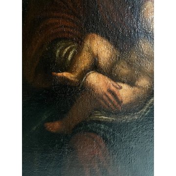 ANTICO DIPINTO OLIO TELA Madonna del latte GESU BAMBINO Maternità RELIGIOSO '600