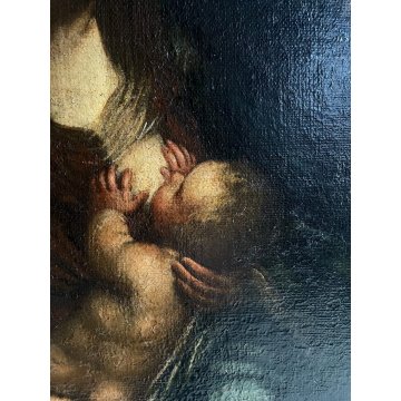 ANTICO DIPINTO OLIO TELA Madonna del latte GESU BAMBINO Maternità RELIGIOSO '600