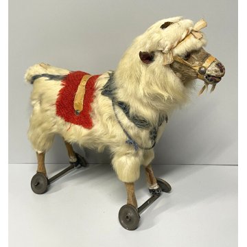 ANTICO GIOCO CAPRA EPOCA '900 OLD TOYS GOAT H 32 CM GIOCATTOLO PELO ROTELLE