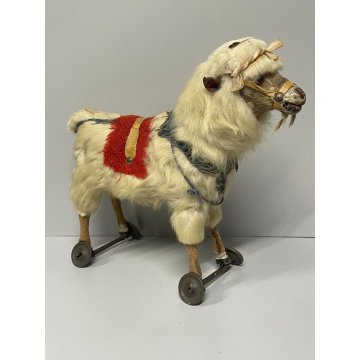 ANTICO GIOCO CAPRA EPOCA '900 OLD TOYS GOAT H 32 CM GIOCATTOLO PELO ROTELLE