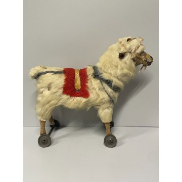 ANTICO GIOCO CAPRA EPOCA '900 OLD TOYS GOAT H 32 CM GIOCATTOLO PELO ROTELLE