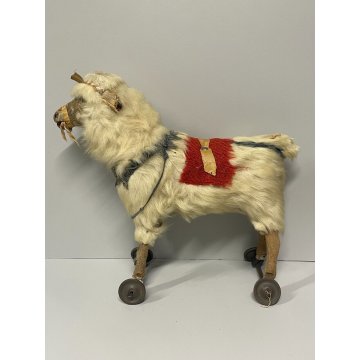 ANTICO GIOCO CAPRA EPOCA '900 OLD TOYS GOAT H 32 CM GIOCATTOLO PELO ROTELLE