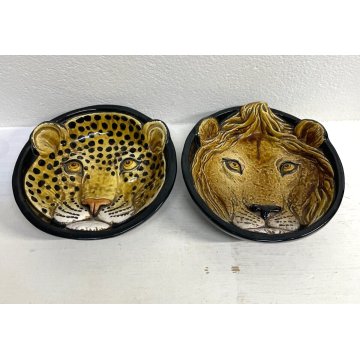 COPPIA CIOTOLA CERAMICA ANIMALE LEOPARDO LEONE PIATTO DECORO VINTAGE ANNI 70