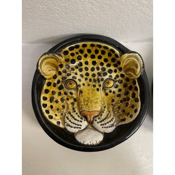 COPPIA CIOTOLA CERAMICA ANIMALE LEOPARDO LEONE PIATTO DECORO VINTAGE ANNI 70