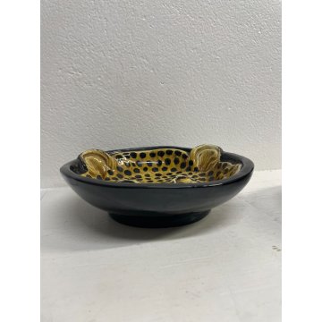 COPPIA CIOTOLA CERAMICA ANIMALE LEOPARDO LEONE PIATTO DECORO VINTAGE ANNI 70