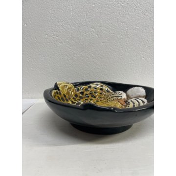 COPPIA CIOTOLA CERAMICA ANIMALE LEOPARDO LEONE PIATTO DECORO VINTAGE ANNI 70