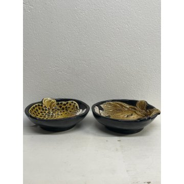 COPPIA CIOTOLA CERAMICA ANIMALE LEOPARDO LEONE PIATTO DECORO VINTAGE ANNI 70