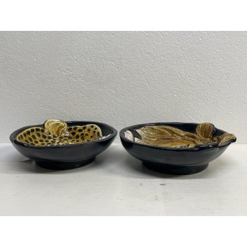 COPPIA CIOTOLA CERAMICA ANIMALE LEOPARDO LEONE PIATTO DECORO VINTAGE ANNI 70