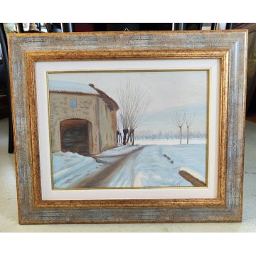 QUADRO DIPINTO OLIO TAVOLA Carlo Coppo '900 PAESAGGIO NEVE alberi tiglio CASCINA