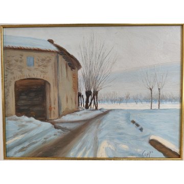 QUADRO DIPINTO OLIO TAVOLA Carlo Coppo '900 PAESAGGIO NEVE alberi tiglio CASCINA