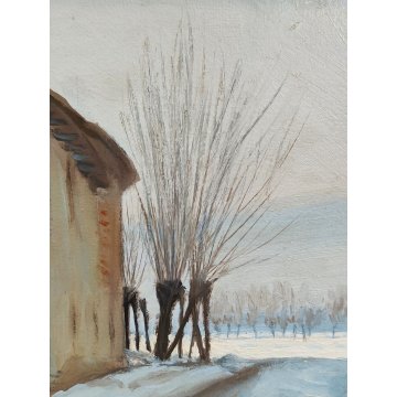 QUADRO DIPINTO OLIO TAVOLA Carlo Coppo '900 PAESAGGIO NEVE alberi tiglio CASCINA