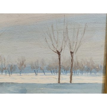 QUADRO DIPINTO OLIO TAVOLA Carlo Coppo '900 PAESAGGIO NEVE alberi tiglio CASCINA