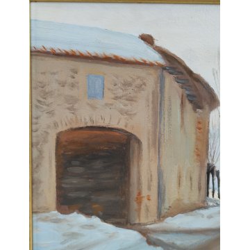 QUADRO DIPINTO OLIO TAVOLA Carlo Coppo '900 PAESAGGIO NEVE alberi tiglio CASCINA