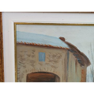 QUADRO DIPINTO OLIO TAVOLA Carlo Coppo '900 PAESAGGIO NEVE alberi tiglio CASCINA