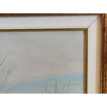 QUADRO DIPINTO OLIO TAVOLA Carlo Coppo '900 PAESAGGIO NEVE alberi tiglio CASCINA