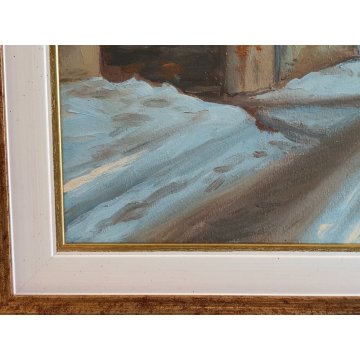 QUADRO DIPINTO OLIO TAVOLA Carlo Coppo '900 PAESAGGIO NEVE alberi tiglio CASCINA